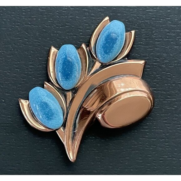 Vintage 1950s Matisse Renoir Copper Turquoise Enamel Tulip Brooch Modernist Pin - Picture 1 of 13
